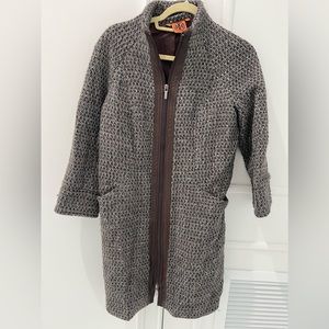Tory Burch, mid length coat. Brown leather trim, tweed.